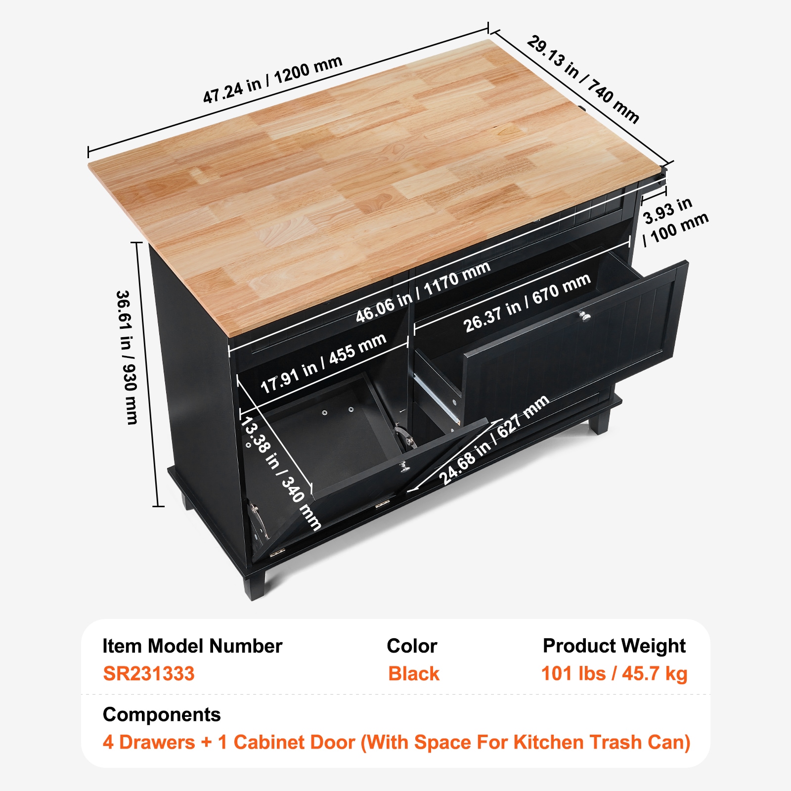 Kitchen Island Cart Storage Cabinet Serving With Drawer & Trash Cabinet_voghion.com